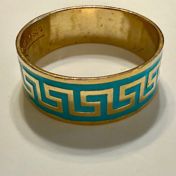 🎉HP!🎉 Lisa Stewart Greek Key Turquoise & Gold Bangle Bracelet - Picture 3 of 9
